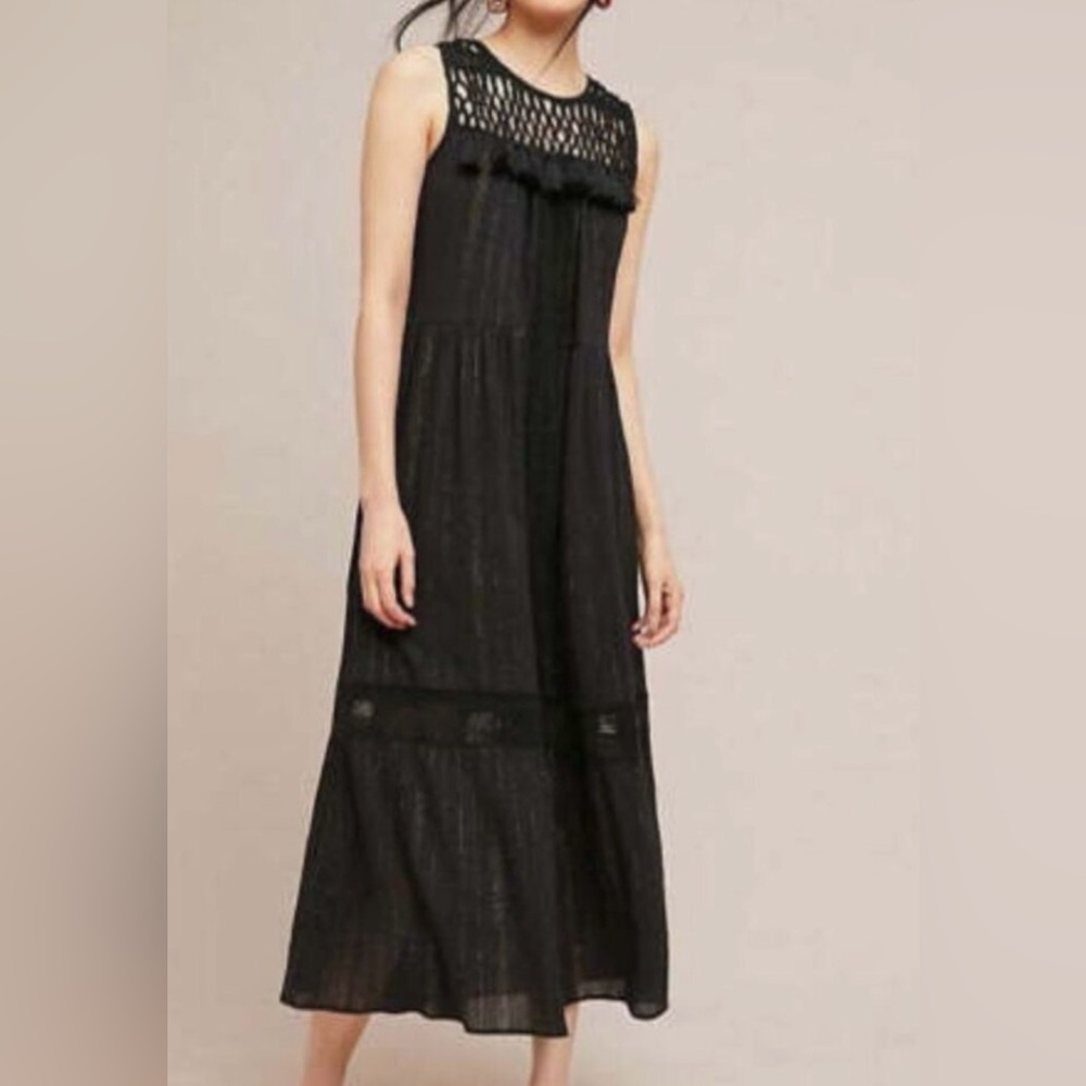 Anthropologie Maeve Tank Dress with Tassels tie back and Black gold thread